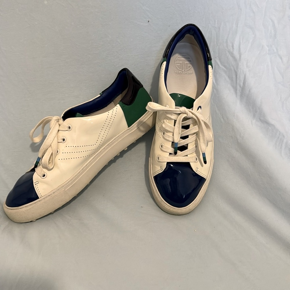TORY SPORT PERFORATED GOLF Tennis White Blue and Green Leather Lace up Shoes